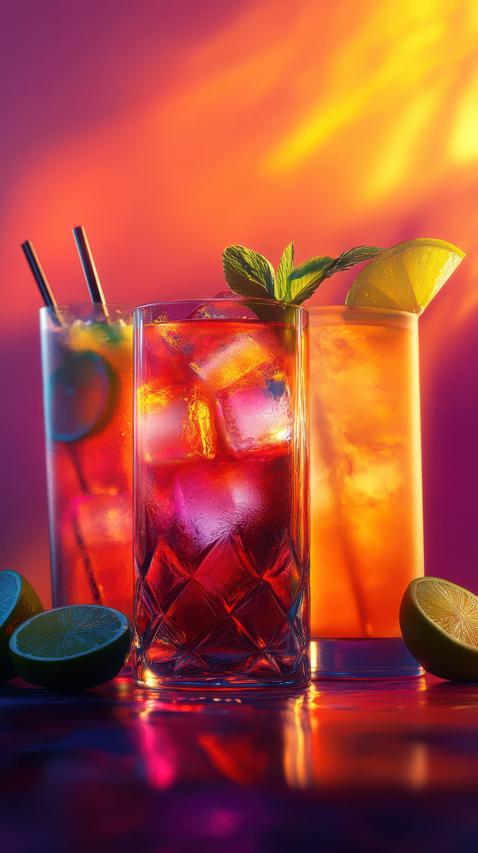 Refreshing summer cocktails on a vibrant sunset background at a beachside bar